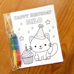 Cat birthday party coloring cards, kitten party favor with crayons, personalized - Ready to hand out