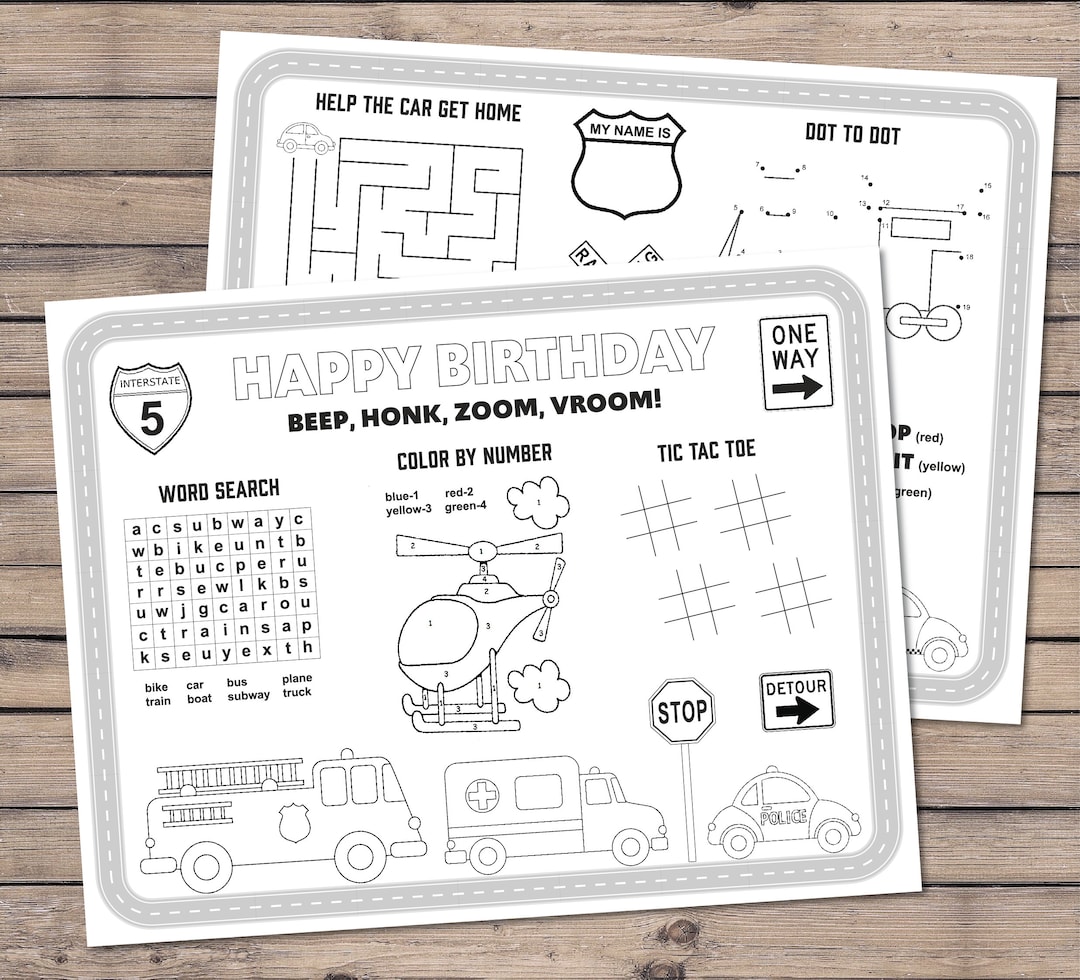 Transportation Birthday Party Coloring Pages, Activity Sheets, Vehicles ...