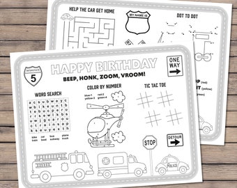 Transportation birthday party coloring pages, activity sheets, vehicles, trucks and cars, traffic, train, fire truck - INSTANT DOWNLOAD