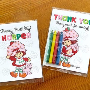 Strawberry girl birthday party favor, Strawberry coloring pages, party favor with crayons, birthday favor bag, ready to hand out