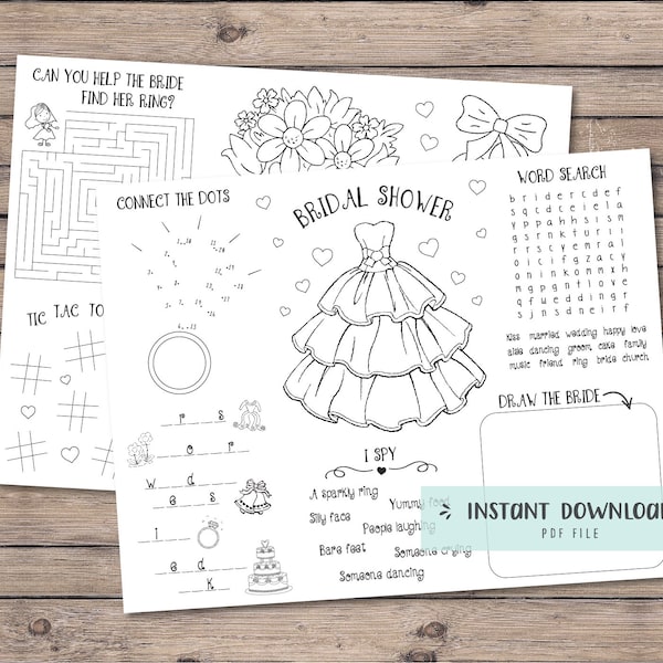 Bridal shower activity coloring placemat for kids, kids activities, kids wedding table, bridal shower games, digital file - INSTANT DOWNLOAD