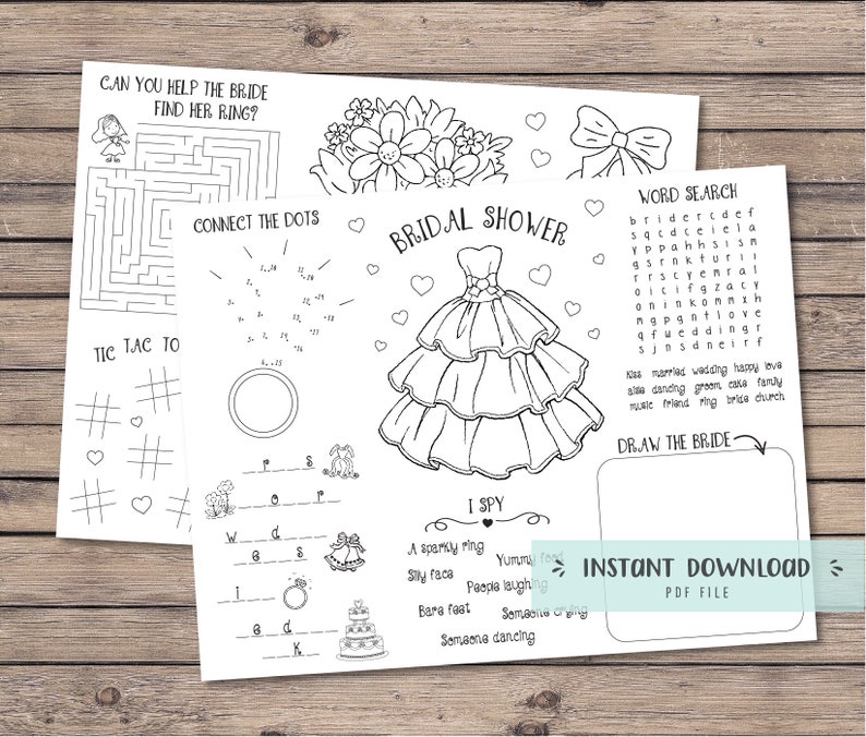 Bridal shower activity coloring placemat for kids, kids activities, kids wedding table, bridal shower games, digital file INSTANT DOWNLOAD image 1