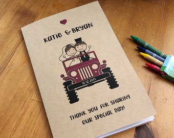 Wedding activity book for Kids, wedding coloring book, couple in jeep, wedding favor, kids wedding table, kids wedding activities - Set of 6