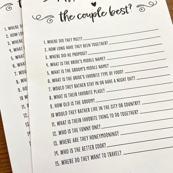 Who Knows the Couple Best? Bridal Shower Games, Bridal Shower, Wedding Game - INSTANT DOWNLOAD