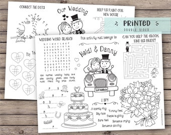 PRINTED - Personalized Kids wedding activity coloring placemat, wedding reception favor, kids wedding table activities, coloring pages