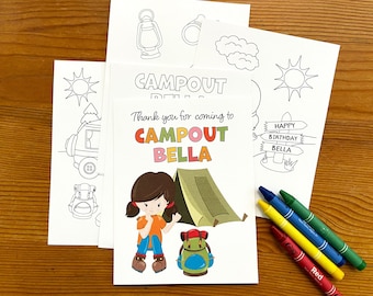 Camping girl party favor, birthday favor, campout coloring pages, party favor with crayons, camping birthday, favor bag, ready to hand out