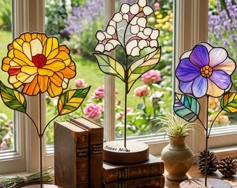 Custom Stained Glass Birth Flower with Engraved Wood Base, Personalized Mother's Day Gift, Floral Desk Decor, Grandma Birthday Keepsake