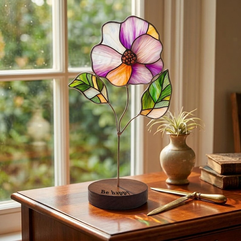 April Birth Flower Sweet Pea Stained Glass, Custom Engraved