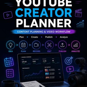 Può includere: Un pianificatore per creatori YouTube nero con grafiche al neon blu e viola. Il testo recita YOUTUBE CREATOR PLANNER, CONTENT PLANNING & VIDEO WORKFLOW e 18 REUSABLE PLANNER PAGES. Include icone per idea, piano, registrazione, modifica, pubblicazione e analisi.