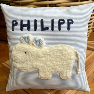 Pillow with name, name pillow, birth gifts, children&#39;s pillow, cuddly pillow, explorer pillow, hippopotamus