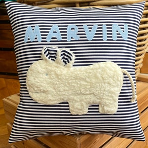 Pillow with name, name pillow, birth gifts, children&#39;s pillow, cuddly pillow, explorer pillow, hippopotamus