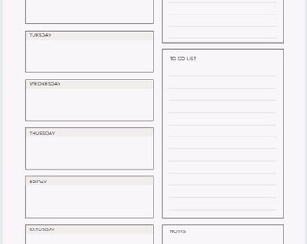 May include: A weekly planner with a minimalist design. The top of the page reads "Weekly Planner" in a serif font. The planner includes sections for each day of the week, priorities, a to-do list, notes, and a date section.