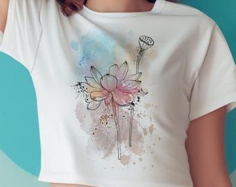 Women's Organic Cotton Crop Top – Lotus Flower & Seed – Watercolour Art Tee – Yoga Shirt – Boho Festival Clothing - Women’s Lotus yoga top