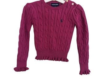 VTG jaren 90 Ralph Lauren meisjesroze kabelgebreide trui met ruches maat 4/4T pony