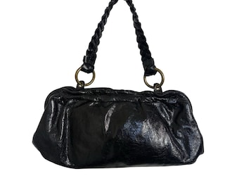 VTG Y2K Hobo Int’l Schwarze Lackleder Hobo Umhängetasche Geflochtener Griff
