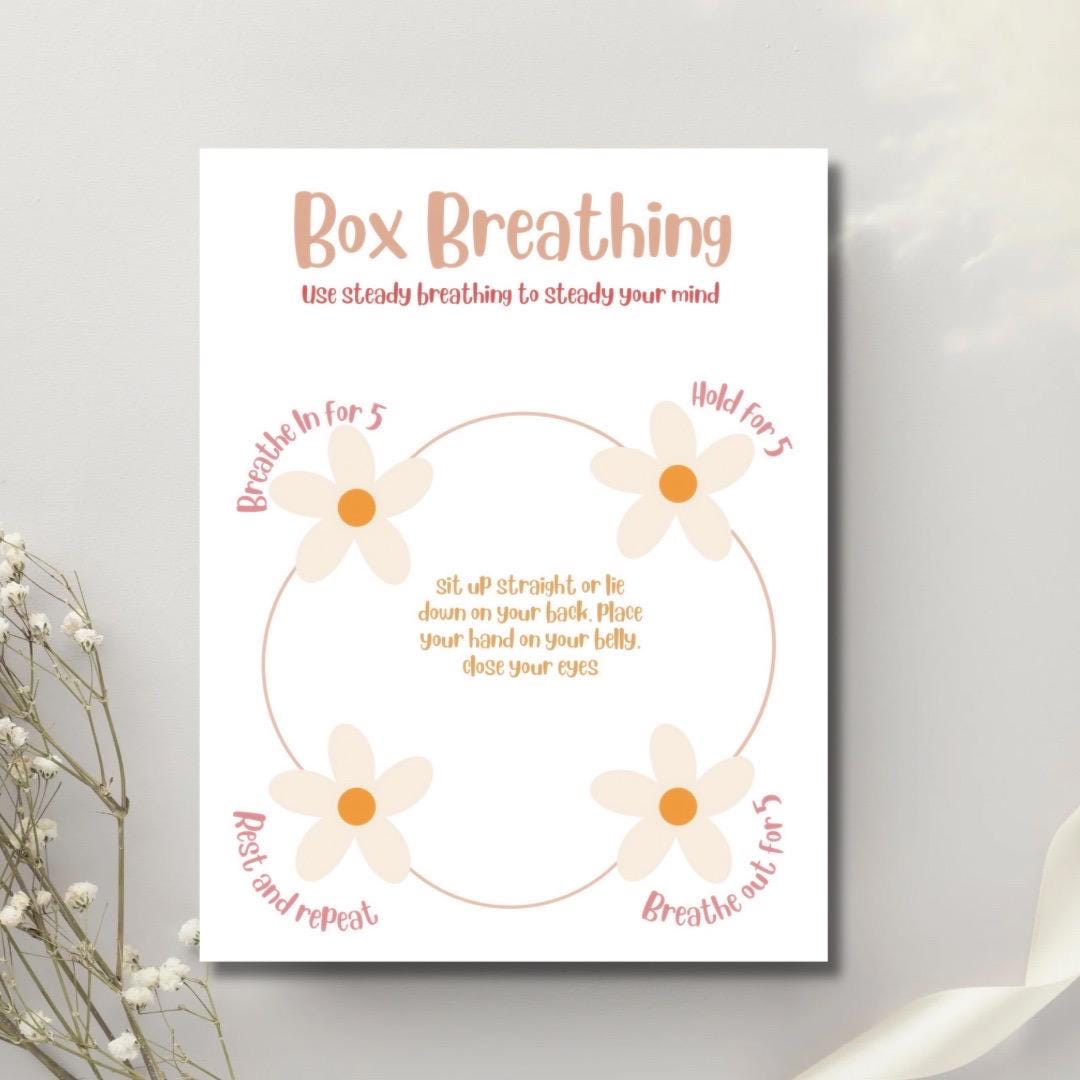 Printable Box Breathing Poster for Kids | Daisy Theme Mindfulness Chart ...