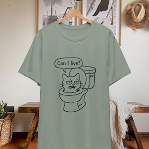 The Dumb Cat Meme Series Vol.2 | &quot;Can I live?&quot; Toilet Cat Meme Tee – Weird Funny Cat Shirt Minimalist Line Art