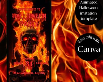 Puede incluir: Un smartphone muestra una invitación a una fiesta de Halloween sobre un fondo de llamas. La invitación presenta una calavera en llamas con el texto "YOU'RE INVITED TO HALLOWEEN PARTY." También se muestra la fecha, la hora y el lugar. La imagen también incluye el texto "Animated Halloween invitation template" y "Easy edit with Canva."