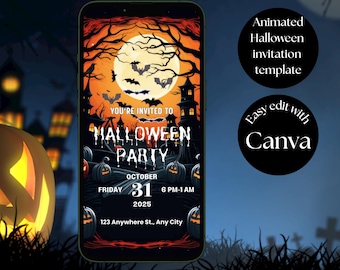 May include: A smartphone displays an animated Halloween party invitation template. The design features a full moon, bats, and spooky trees. The invitation includes the text "You're Invited to Halloween Party" with date, time, and location details. The design is easy to edit with Canva.