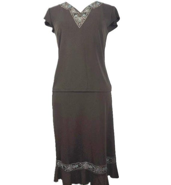 Ann Taylor, Vintage Ann Taylor LOFT Boho Skirt Set, Brown with Turquoise Beadwork, Size Small