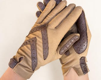 Vintage Women’s Gloves, Brown Nylon with Brown Leather Overlay, Size Small