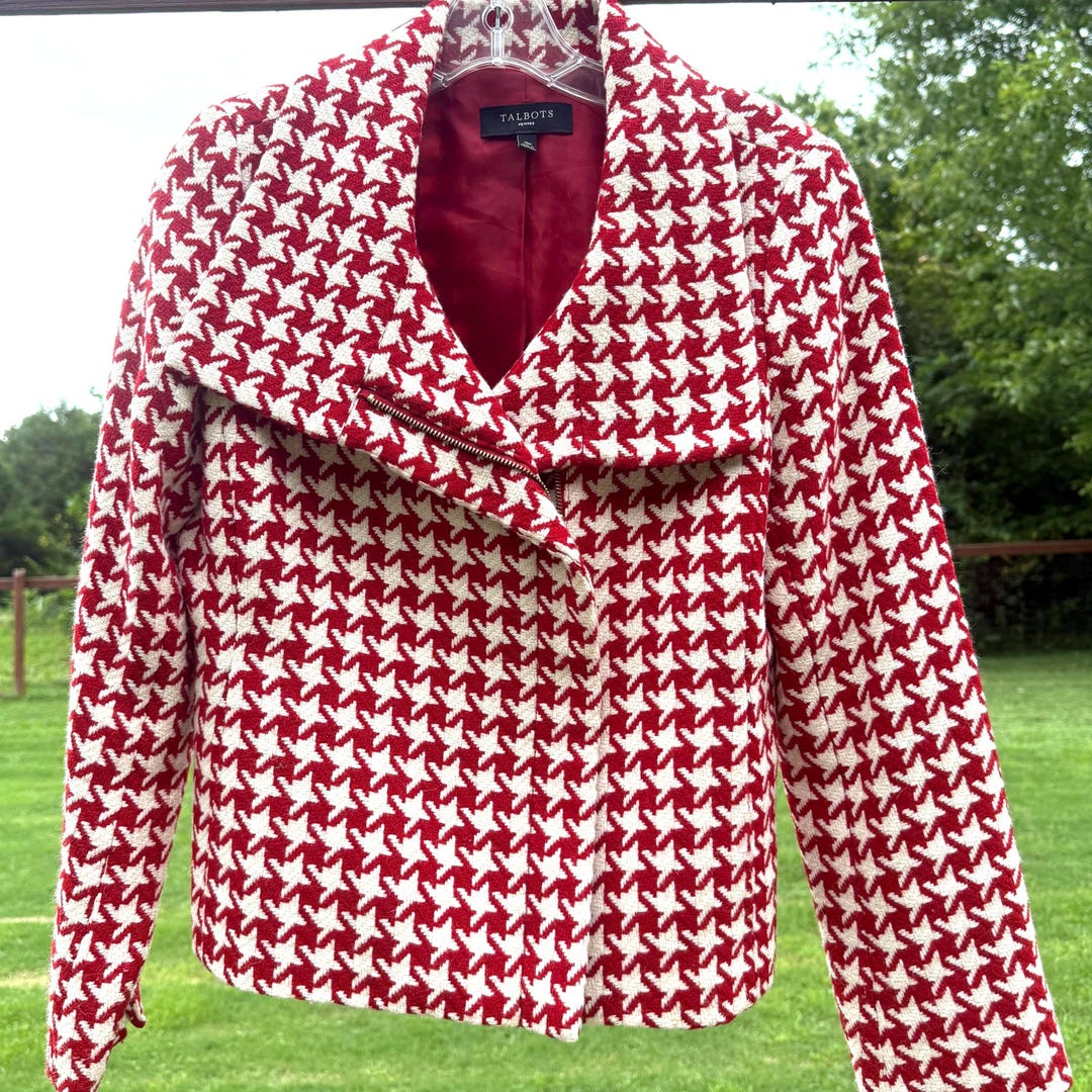 Talbots Petite Red White Houndstooth Jacket | Size 10P | Cropped Zip ...
