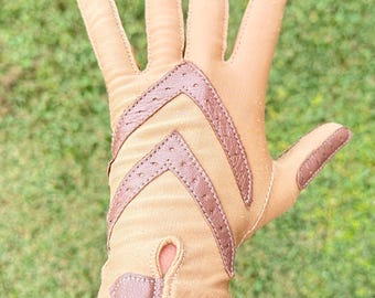 Vintage Damenhandschuhe aus braunem Nylon mit braunem Lederüberzug, Größe S