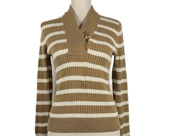 Ribbed Knit Striped Sweater, Brown Ivory, Statement Collar, Ralph Lauren, Women’s Small