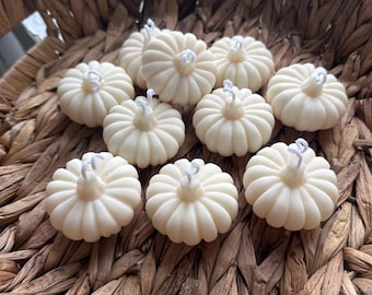 Puede incluir: Un conjunto de diez velas pequeñas de color blanco roto con forma de calabaza y mechas blancas visibles. Cada vela presenta un diseño redondeado y acanalado que recuerda a una calabaza en miniatura. Las velas están dispuestas en una cesta de mimbre.