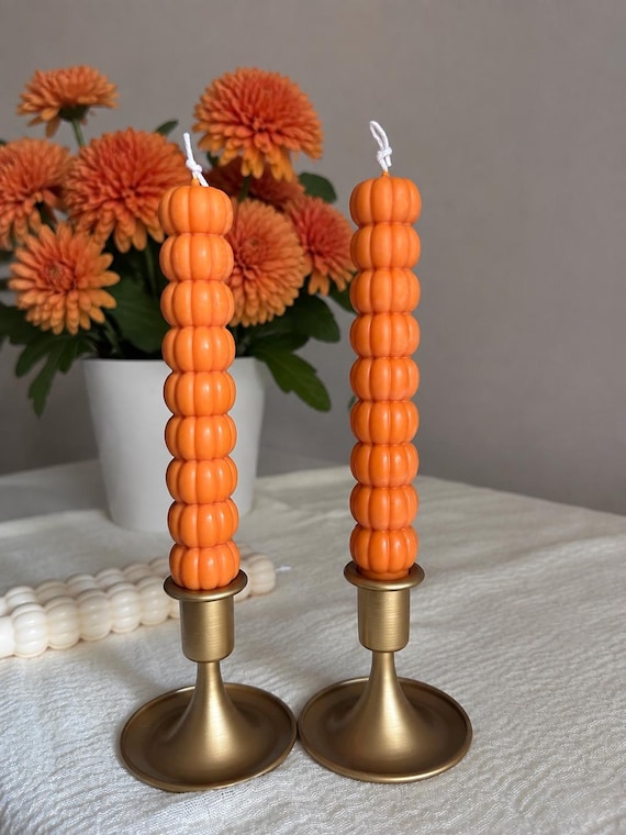 Pumpkin Taper Candles, Fall Candles, Orange Pumpkin Candle, Thanksgiving Table Decor, Halloween Candle, Autumn Home Decor (Set of2)