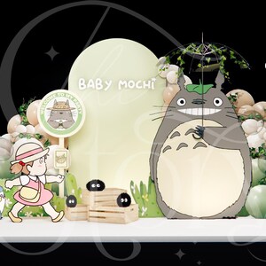 May include: A whimsical scene featuring characters from the animated film, My Neighbor Totoro. The image includes Totoro, a girl, and other forest spirits, with the text "Baby Mochi". The background is a mix of green, white, and beige.