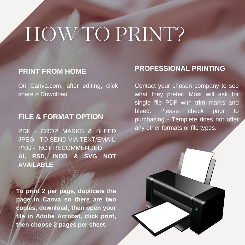 May include: A graphic with instructions on how to print. The text includes options for printing from home and professional printing, file format options, and steps for printing two pages per sheet. A black printer is shown in the bottom right corner.