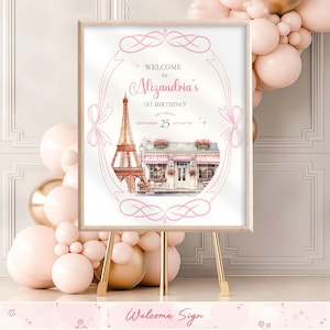 Pink Bow Birthday Welcome Sign Canva Editable 1st Birthday Welcome sign Template For Baby Girl Printable Welcome Board Template