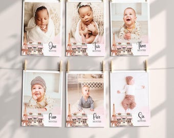 Pink Bow First Birthday Photo Banner: Milestone Cards, Editable Canva Template (Digital Download)