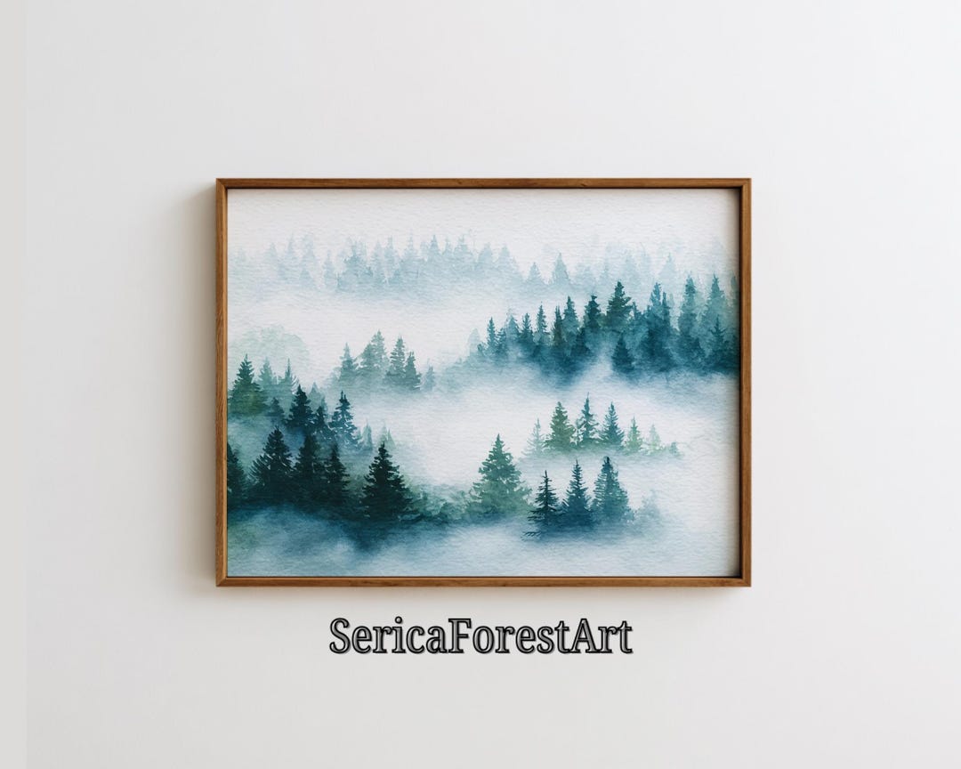 Misty Pine Forest Wall Art Foggy Tree Painting Wall Decor Watercolor ...