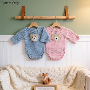 May include: Two long-sleeved crochet bodysuits, one light blue and one light pink, each featuring a central beige bear face appliqué and three small buttons at the bottom. The text Pattern Only is visible in the top left corner of the image.