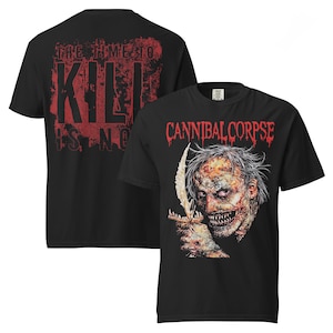 May include: Black t-shirt featuring a graphic of a zombie holding a knife, with the band name "Cannibal Corpse" in red. The back of the shirt displays the text "THE TIME TO KILL IS NOW" in red.