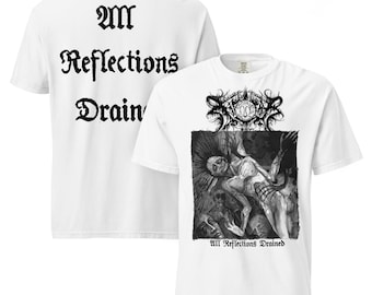 May include: White t-shirts with black graphic designs. One shirt features the text "AM Reflections Drain" on the back and a detailed illustration with the text "All Reflections Drained" on the front. The other shirt is visible in the background.