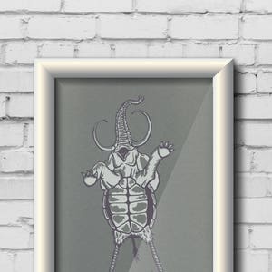 May include: Framed artwork featuring a whimsical creature illustration. The artwork depicts a skeletal turtle-like body with bird legs and an elephant-like head. The artwork is in a white frame against a gray background, mounted on a white brick wall.