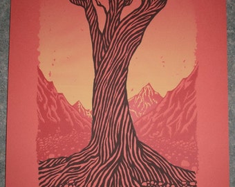 The Wise One screen print, apocalypse, drawing, art, silk screen, tree, mountains, skull, skeleton, orange, yellow, red, illustration, life