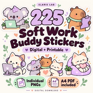 Puede incluir: Un set de pegatinas digitales titulado 225 Soft Work Buddy Stickers con ilustraciones de un koala, un capibara y gatos en entornos de oficina. Incluye archivos PNG individuales y un documento PDF en formato A4 para imprimir, en tonos pastel.