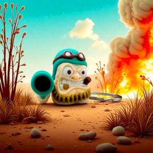 May include: A cartoon-style keychain featuring a character with a teal pilot hat and goggles, holding a teal cannon. The character has an angry expression and a cigar. The background shows a desert landscape with an explosion.