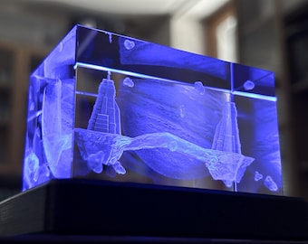 3D-Lasergravierte Welten (Unreal Tournament) – K9-Kristallblock & RGB-„Galaxy“-Sockel – 3D-Druck – Retro-Gaming-Dekoration / Fan-Art-Sammlerstück