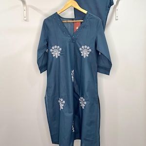 Staalblauwe zomerkatoen combi-set Indiase dameskleding Kurti-set