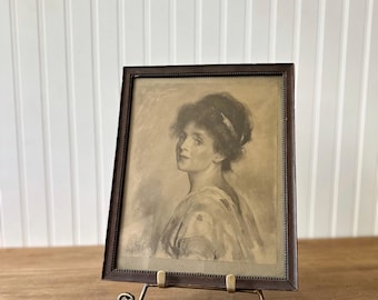 ヴィンテージ額入り肖像画（プリント）、ラザール・ラディッツ作、1908年、エドワード朝時代の貴婦人、セピア調アート