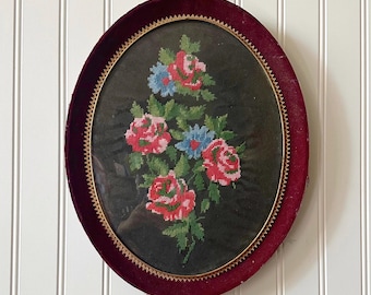 Vintage Samtgerahmte Blumen Nadelspitze Oval Wandbehang