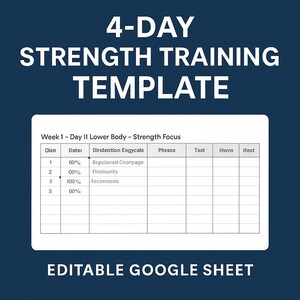 May include: A dark blue graphic with the text "4-DAY STRENGTH TRAINING TEMPLATE" in white. Below is a white table with the text "Week 1 - Day If Lower Body - Strength Focus". The text "EDITABLE GOOGLE SHEET" is at the bottom.