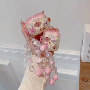 Kawaii AirPods Case with Beaded Charm – Cute Bunny & Bear Design, Soft Pink Glitter Cover, AirPods 1/2/Pro Case – Kawaii Gift for Girls