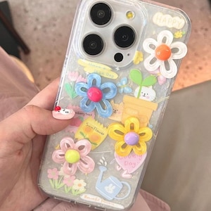 Cute 3D Flower Phone Case – Kawaii Transparent Soft Cover with Colorful Floral Decals for iPhone