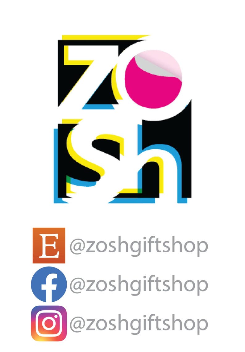 Op de afbeelding: Een logo voor Zosh Gift Shop, met het woord "Zosh" in zwart, wit, geel, blauw en roze. Daaronder social media-pictogrammen voor Etsy, Facebook en Instagram, elk met de handle @zoshgiftshop.